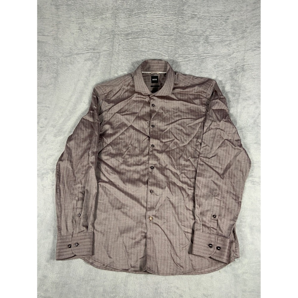 Boss Casual Fit Long Sleeve Button Up Shirt Mens XL 17 Gray Herringbone